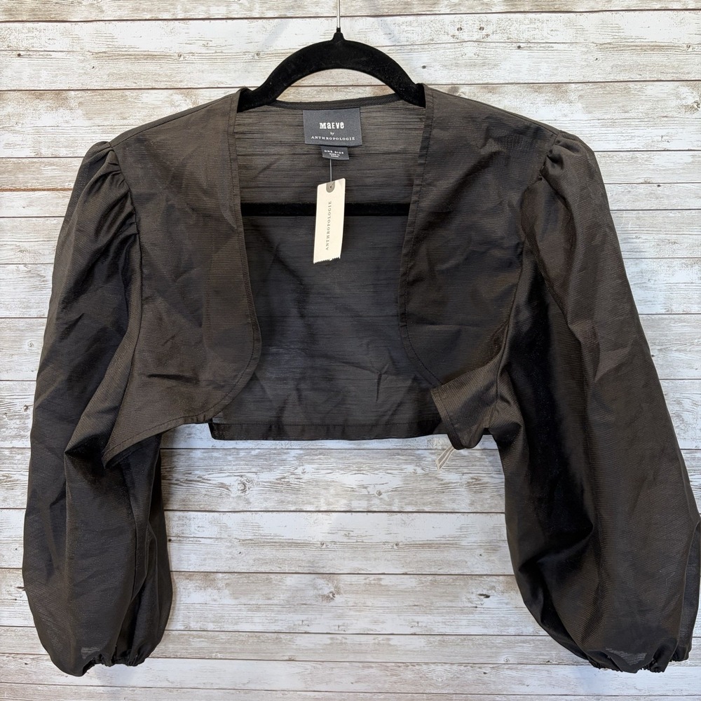 NWT Maeve Anthropologie Womens ALL Cropped Bolero Shrug Black Sheer Puff Sleeves